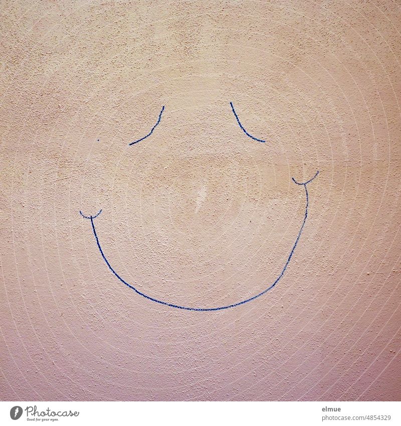 Smiley mit geschlossenen Augen und Lachmund in blau an eine Hauswand gemalt / lachen / Optimismus smile smilie Graffitti fröhlich Handmalerei Wandmalerei