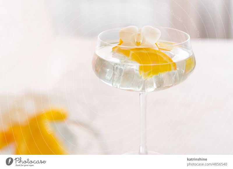 Transparenter Cocktail mit Eiswürfeln in einem mit Orangenscheiben dekorierten Glas, Nahaufnahme Champagne Coupé Scheiben orange Teile abschließen tropisch