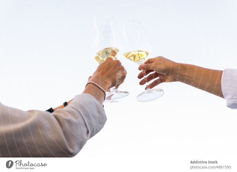 Anonyme elegante Frauen, die auf der Terrasse eines Restaurants einen Toast aussprechen Zuprosten Wein Sitzung Klirren Glas brünett Erwachsener smart lässig