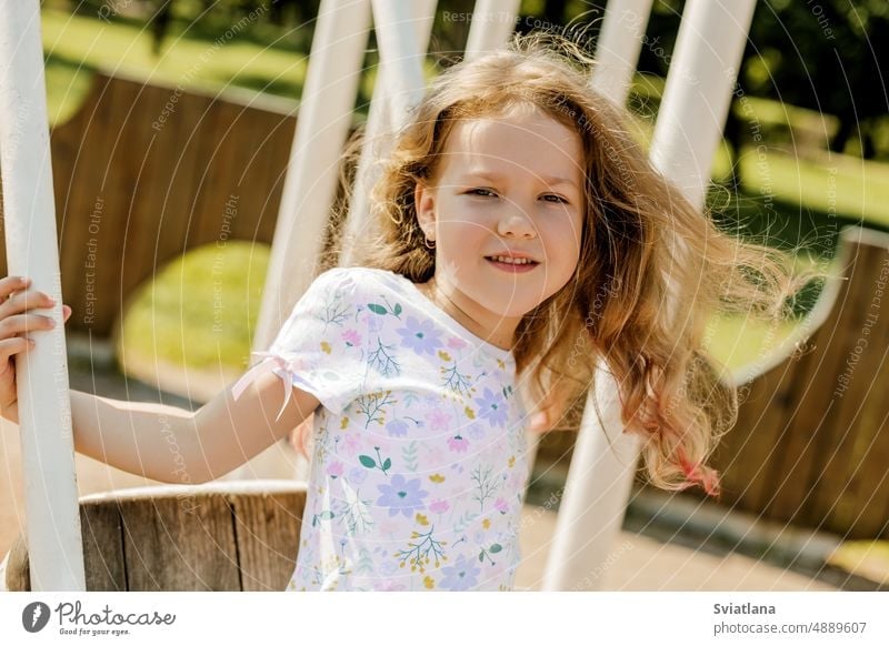 Porträt eines schönen Mädchens, das an einem Sommertag auf einer Schaukel schwingt. Kindheit, Erholung, Sommerzeit pendeln Spielplatz Fröhlichkeit Park Spaß