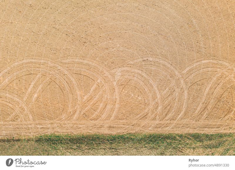 Weißrussland. Luftaufnahme einer minimalistischen ländlichen Landschaft aus der Vogelperspektive. Beginn der landwirtschaftlichen Frühjahrssaison. Traktor Tracks auf gepflügten Feld Oberfläche von landwirtschaftlichen Maschinen