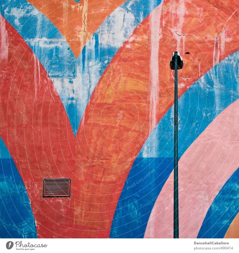 V l Kunst Maler Mauer Wand Fassade alt dreckig kaputt Stadt blau rot ästhetisch Design Kreativität Linie Strukturen & Formen Laterne graphisch gestalten