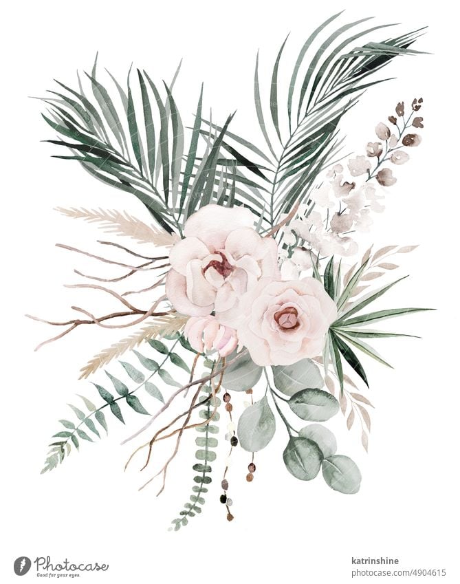 Hochzeit boho Aquarell Bouquet mit beige und teal grün tropische Blätter und Blumen Illustration botanisch Dekoration & Verzierung exotisch Laubwerk