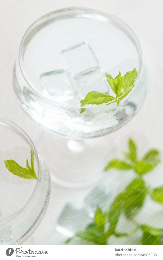 Transparenter Cocktail mit Eiswürfeln in einem mit Minzblättern dekorierten Glas, Nahaufnahme Champagne Coupé Mocktail Analcolic Minze Blätter grün abschließen