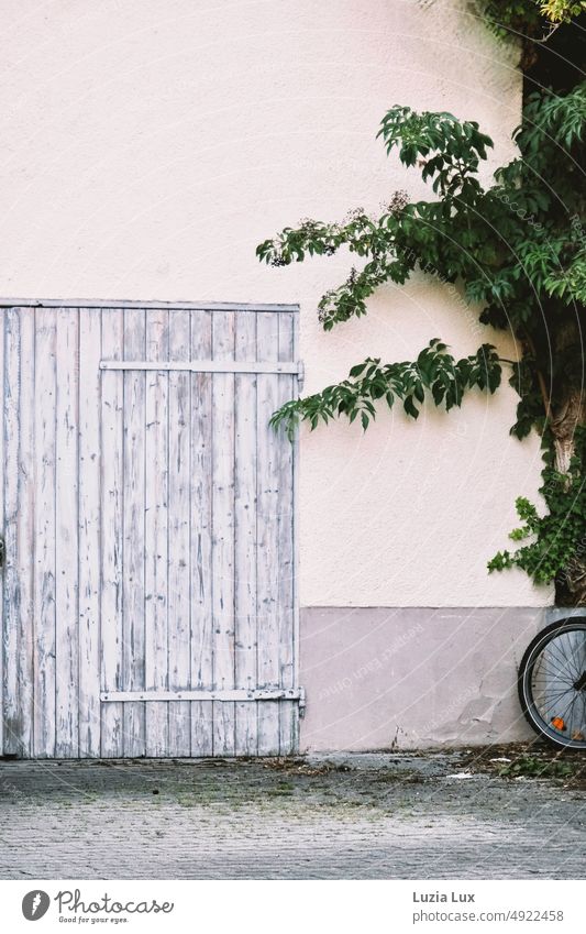 Altes Scheunentor, etwas Grün und ein angeschnittenes Fahrrad Hinterrad Tor Hof grün alt Holz Tür Gebäude Tag geschlossen Haus Wand Idylle idyllisch