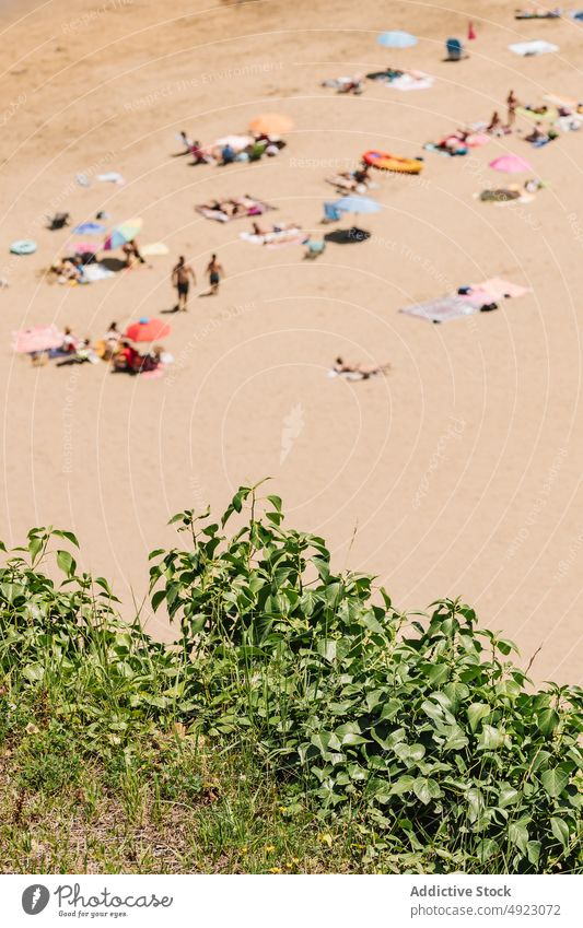 Reisende ruhen sich am Sandstrand am Meer aus Menschen Strand MEER Reisender Sonnenschirm Erholung Ufer Ausflug Menge Zeitvertreib Resort Wasser Baum Natur