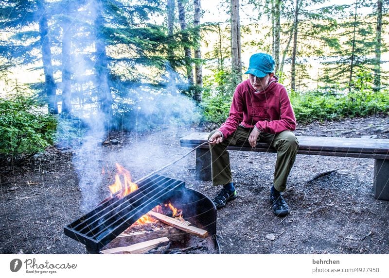 lassegeschichten Lagerfeuer Zelten campen glücklich Freude Zufriedenheit Kanada Ferien & Urlaub & Reisen zufrieden Natur Landschaft Ferne Freiheit Farbfoto