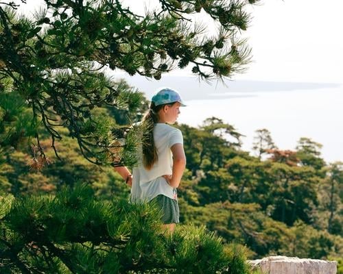 Mädchen beim Wandern unter einer Kiefer, schaut auf das Meer Mütze Basecap grün Natur schauen Urlaub Sommer Baum Wald Erholung