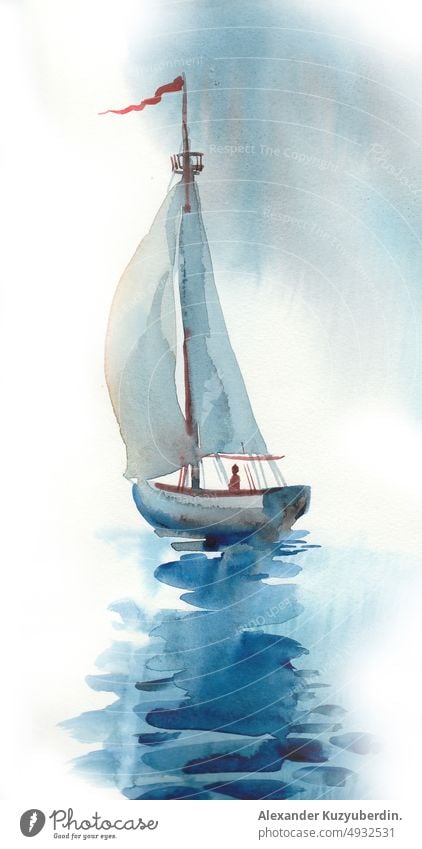 Segelboot auf dem Meer. Tusche- und Aquarellzeichnung Segeln Boot Jacht Schiff MEER Natur marin nautisch Kunst Kunstwerk Hintergrund Karikatur Clip-Art