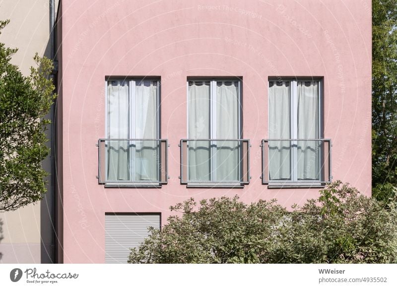 Alles nur Fassade: rosa Wohnhaus und Fenster mit geschlossenen Gardinen in grüner Umgebung wohnen pastellfarben freundlich Wohnlage Glas Stein Haus leben