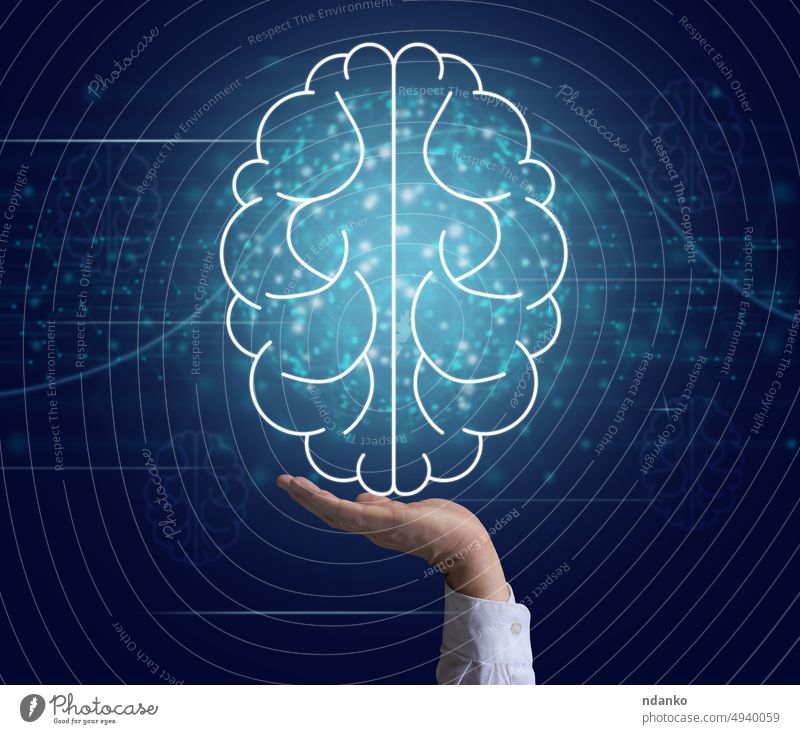 Schematisches Symbol des menschlichen Gehirns und der männlichen Hand auf blauem Hintergrund. Geist Idee Technologie Pflege digital Intelligenz Konzept