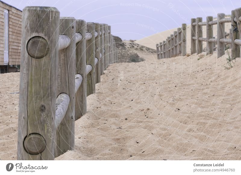 Grobe Holzzäune zum Anschließen von Fahrrädern in Düne am Strand. Meer Küste Sand Sommer Erholung Tourismus Landschaft Dünen Ferien & Urlaub & Reisen Weg