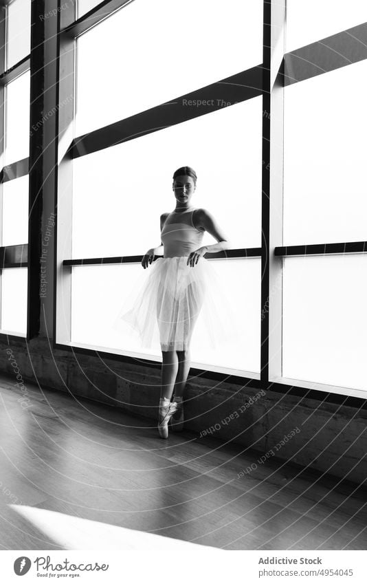 Junge Ballerina posiert an den Spitzen nach Punkten Frau schön schwarz Atelier Tänzer jung Balletttänzer Kunstturnen Künste verrichtend Porträts Schönheit