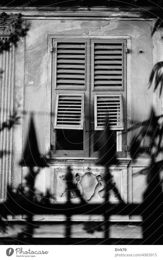 Mediterranes Fenster in klassizistischer Fassade hinter Zaunspitzen in Genua Fensterladen klassizistischer stil neoklassizistisches Gebäude alt Schwarzweißfoto