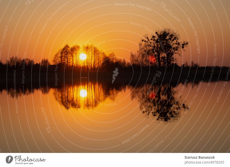 Die Spiegelung des Sonnenuntergangs hinter den Bäumen im Wasser Baum Natur Landschaft im Freien Himmel schön Abend Abenddämmerung Sommer Reflexion & Spiegelung