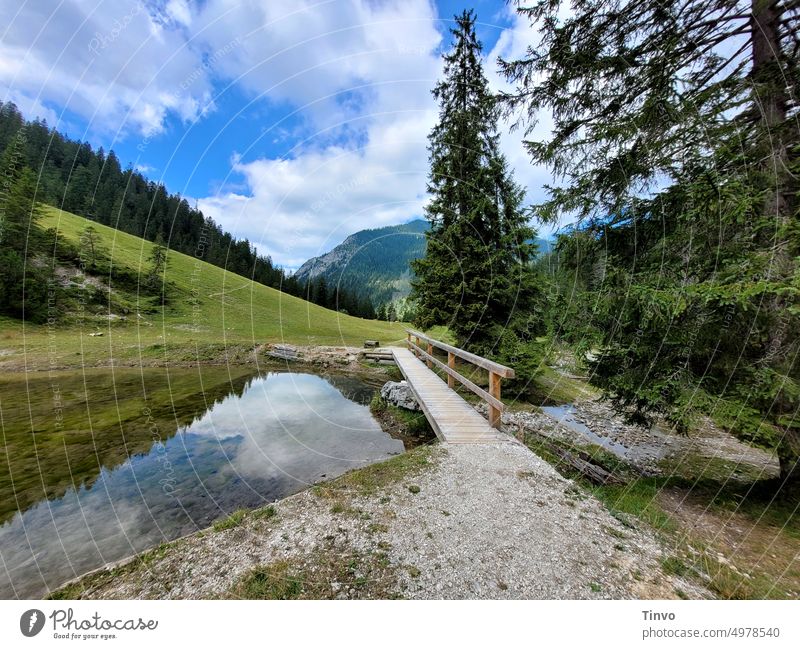 Wanderweg in den Bergen führt über eine Holzbrücke Tannen Wasser see Wald Natur Himmel Ferien & Urlaub & Reisen Berge u. Gebirge Außenaufnahme Farbfoto