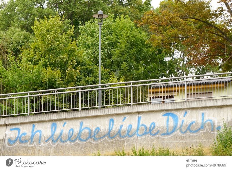 Ich liebe liebe Dich. - steht in blau-weißer Handschrift an einer Mauer mit Metallzaun, Straßenlampe, grünen Büschen und Bäumen Ich liebe dich Graffiti