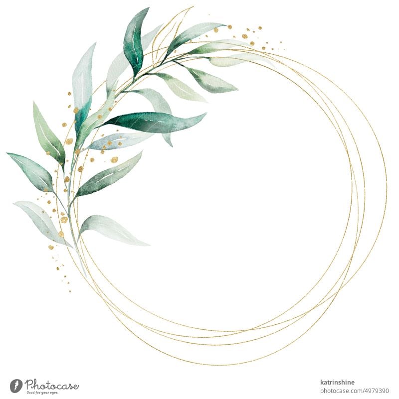 Geometrischer goldener Rahmen aus grünen Aquarellblättern, Hochzeitsillustration Geburtstag botanisch Dekoration & Verzierung Zeichnung Element Laubwerk Garten