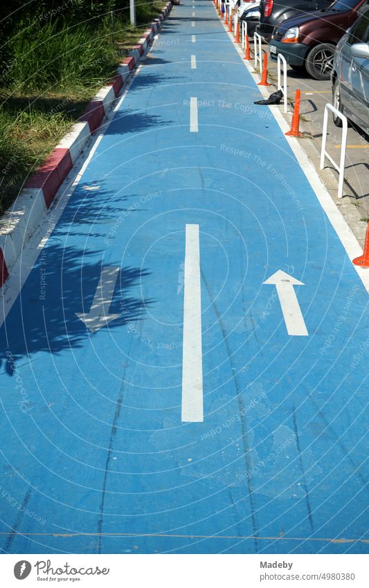 Blauer Fahrradweg mit weißen Pfeilen und Markierungen im Sommer bei Sonnenschein in Inkumu am Schwarzen Meer in der Provinz Bartin an der Schwarzmeerküste in der Türkei