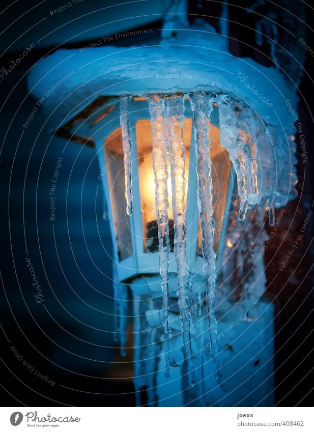 Schein und Sein Winter Eis Frost Schnee leuchten hell kalt blau gelb Stimmung Hoffnung Eiszapfen Lampe Farbfoto mehrfarbig Außenaufnahme Nahaufnahme