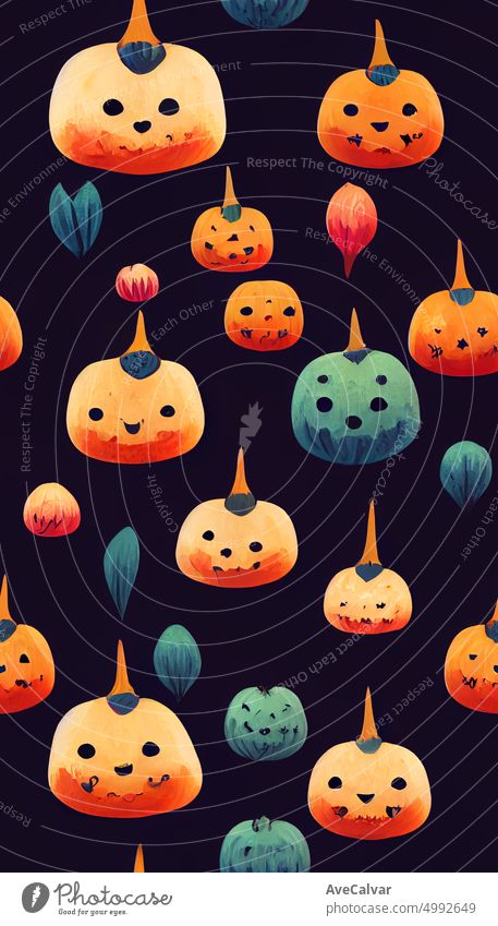 Niedliche handgezeichnete Halloween-Karten und Muster. Kleiner weißer Geist auf einem schwarzen Hintergrund. Fröhliches Halloween. Süßes oder Saures. Süße kleine Kürbisse