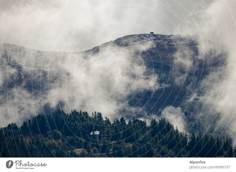heiter bis wolkig Berge u. Gebirge Wolken Wald Nebel grün Himmel Landschaft hügelig bergig Hügel Alpen Menschenleer Natur Gipfel Außenaufnahme Berghütte Bäume