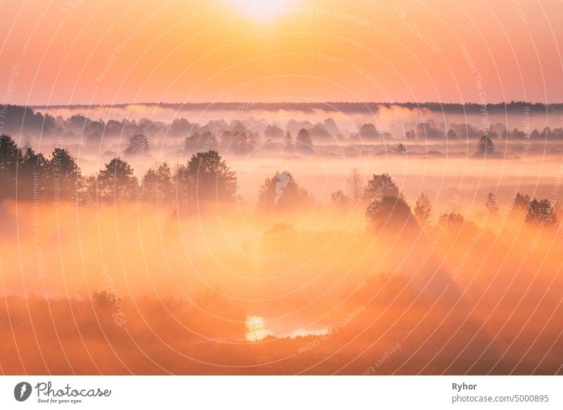 Amazing Sonnenaufgang über neblige Landschaft. Scenic View Of Foggy Morning Sky With Rising Sun Above Misty Forest And River. Frühsommer Natur Osteuropas. Sonnenuntergang Dramatische Sonnenstrahl Licht Sonnenstrahl