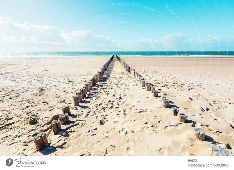 Flacher Strand, mit hellem Sand und Fußspuren und perspektivischen Buhnen Himmel blau