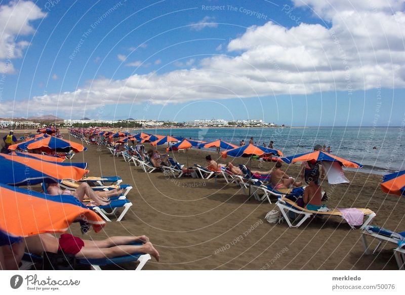 Strandleben Meer Lanzarote Ferien & Urlaub & Reisen Sonnenschirm Liegestuhl Spanien Kanaren Vulkaninsel Sehnsucht Außenaufnahme Momentaufnahme liegen Sand