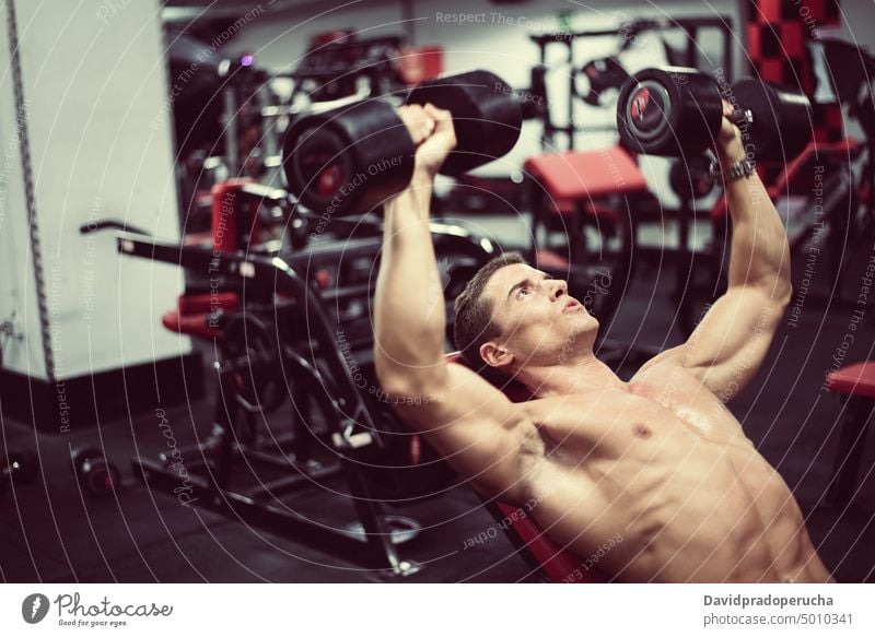 Mann trainiert mit Hanteln Fitnessstudio hart muskulös passen Athlet Sport Übung Körper Training männlich Kraft Gesundheit Muskel stark Erwachsener Stärke