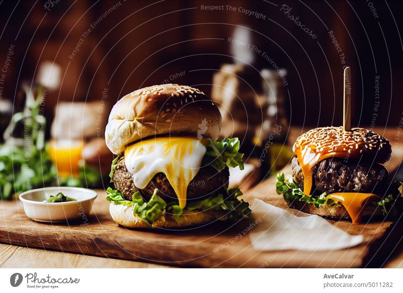 Burger in Nahaufnahme mit Kopiervorlage, weißer geschmolzener Käse, handwerklich hergestelltes goldenes Brötchen, über einem Tisch aus alter Eiche. schnell