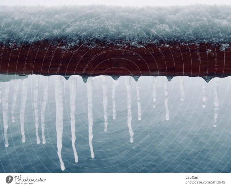 Wasser in unterschiedlichen Formen und Längen Schnee Eis Eiszapfen Winter kalt eisig Frost gefroren weiß frieren Wetter frostig Kälte Naturelemente Jahreszeiten