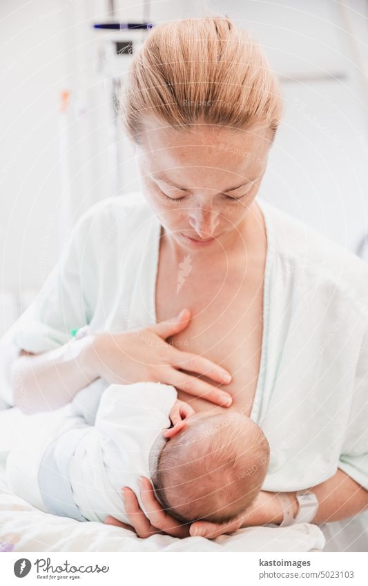 Eine frischgebackene Mutter stillt ihr neugeborenes Kind einen Tag nach den Wehen im Krankenhaus sorgfältig. Geburt Brust stillen Baby Säugling Junge Gesundheit