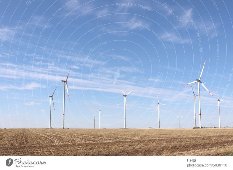 Windkraftanlagen auf einem Feld vor blauem Himmel mit Wölkchen Windrad Windenergie Erneuerbare Energie Energiewirtschaft Elektrizität umweltfreundlich