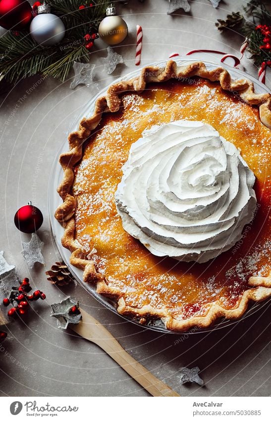 Ansicht von oben Bild Weihnachtskuchen, filmische Lichter, schönes Bühnenbild, lecker, weihnachtliche Töne Sahne festlich Erntedankfest Tradition rustikal