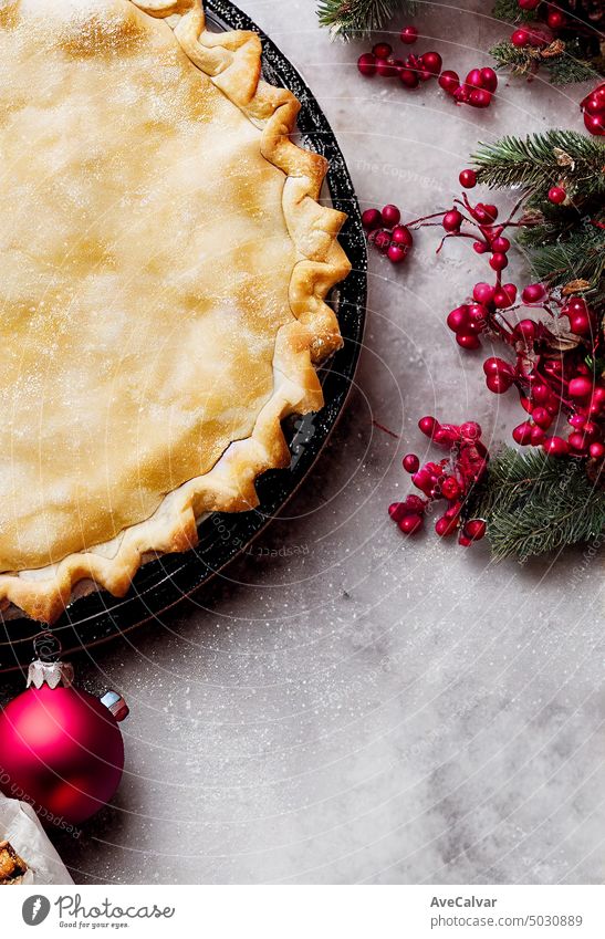 Ansicht von oben Bild Weihnachtskuchen, filmische Lichter, schönes Bühnenbild, lecker, weihnachtliche Töne Sahne festlich Erntedankfest Tradition rustikal