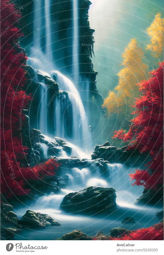 Eine massive Kaskadierung Wasserfall in einem ruhigen aqua Kieselsteine Bach, Wald mit roten Blättern.ai generiert ART Grafik u. Illustration Kunstwerk Fee