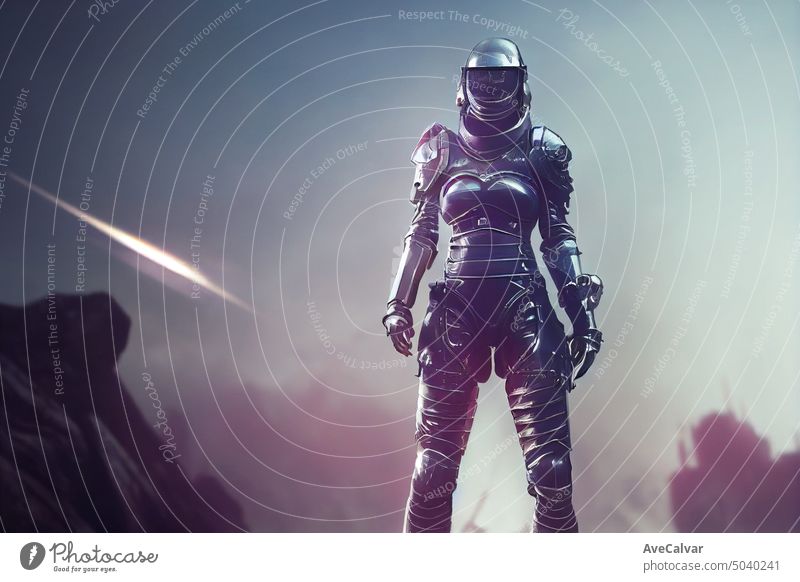 Epischer Schuss Action-Film Porträt der weiblichen Ritter tragen futuristische Cyber gear.AI Generated Art Menschen Science Fiction Technik & Technologie Frau