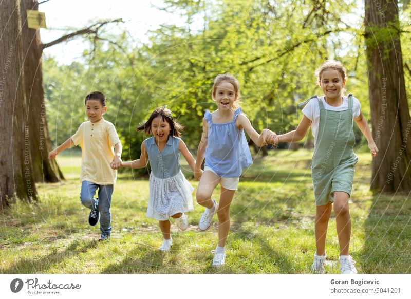 Gruppe asiatischer und kaukasischer Kinder, die sich im Park vergnügen aktiv Aktivität Junge hell lässig Kaukasier heiter Kindheit niedlich Abstieg vielfältig