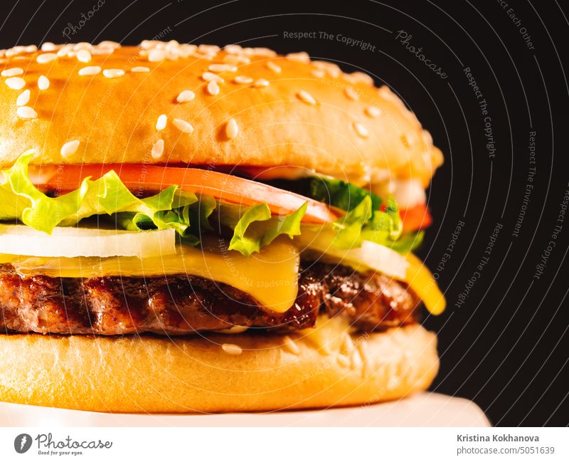 Leckere gegrillte Rindfleisch-Burger mit Patty, Zwiebeln, Gemüse, geschmolzenem Käse, Salat und Mayonnaise-Sauce. Amerikanisches Fastfood, ungesund fett junk yummy food Konzept