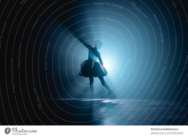 Silhouette einer Balletttänzerin im Tutu, die auf der Bühne tanzt. Ballerina übt auf dem Boden in einem dunklen Studio mit Rauch. Neonlicht. Frau Tanzen Mann
