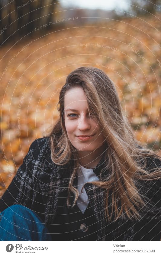 Lächelnde Brünette sitzt in einem Haufen bunter Blätter in einem Eichenwald. Candid Porträt einer jungen realistischen Frau im Herbst Kleidung in der Herbstsaison