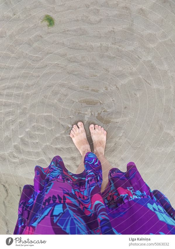Draufsicht auf die Füße einer Frau am Sandstrand Fuß Beine Zehen Barfuß Erholung Mensch Haut Ferien & Urlaub & Reisen stehen feminin Sommerurlaub Strand Wasser