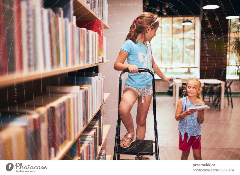 Zwei Schulmädchen verbringen Zeit in der Schulbibliothek. Grundschüler, die aus Büchern lernen. Kinder haben Spaß im Schulclub. Hausaufgaben machen Schule