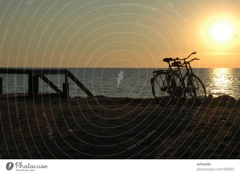 gemeinsam Fahrrad Sonnenuntergang Zusammensein Ereignisse Strand Wasser Meer Romantik