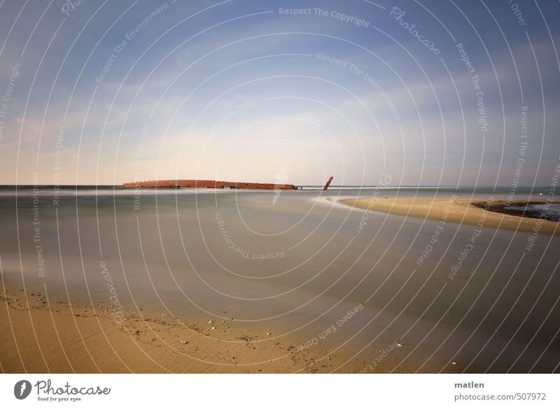 nasses Grab Landschaft Sand Wasser Himmel Wolken Horizont Herbst Wetter Schönes Wetter Wellen Küste Strand Ostsee Menschenleer Schifffahrt blau braun gelb