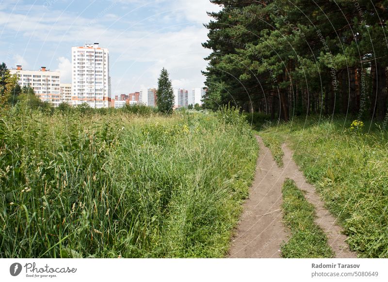 neues Wohngebiet in der Nähe des Waldes wohnbedingt Gegend Sibirien Russland sonnig Sommer Gebäude modern Konstruktion Großstadt Baum Haus grün heimwärts