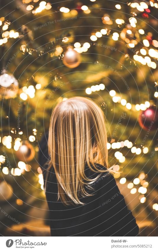 kleines Mädchen steht vor einem leuchtendem Weihnachtsbaum und freut sich auf das Christkind Weihnachten & Advent vorfreude Kind festlich Lichterkette