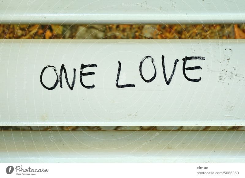 an der Lehne einer weißen Holzbank steht in schwarz - ONE LOVE - one love englisch eine Liebe Zusammenhalt Planet Symbol Leben lieben eine Chance