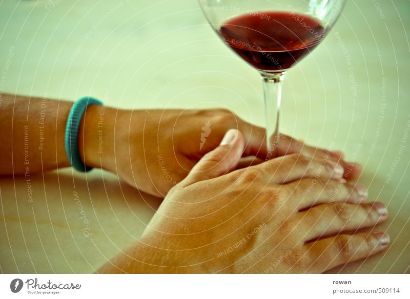 ein glas wein Getränk trinken Alkohol Wein Glas Hand Gelassenheit ruhig Erholung genießen Feinschmecker Rotwein festhalten Farbfoto Textfreiraum oben Tag
